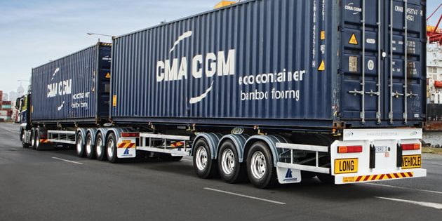A-double two CMA CGM 40 containers